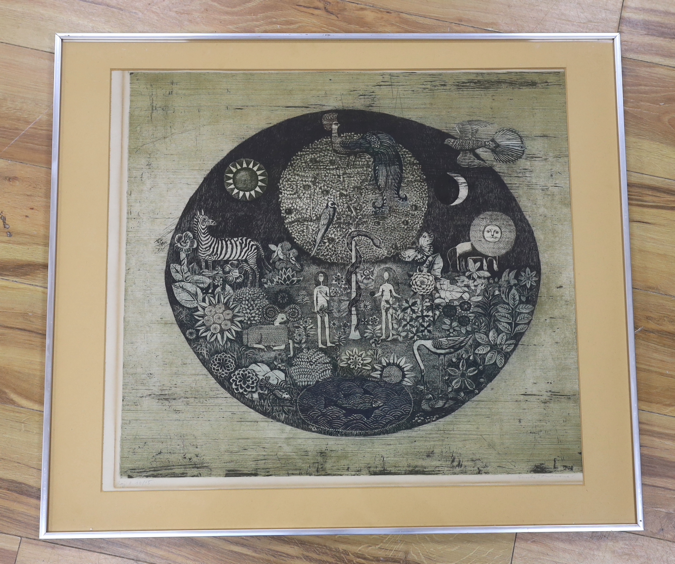 Emilie Tomanova (Czech, 1933-1994) colour etching, The Garden of Eden, signed in pencil, limited edition, 72/75, 56 x 62cm